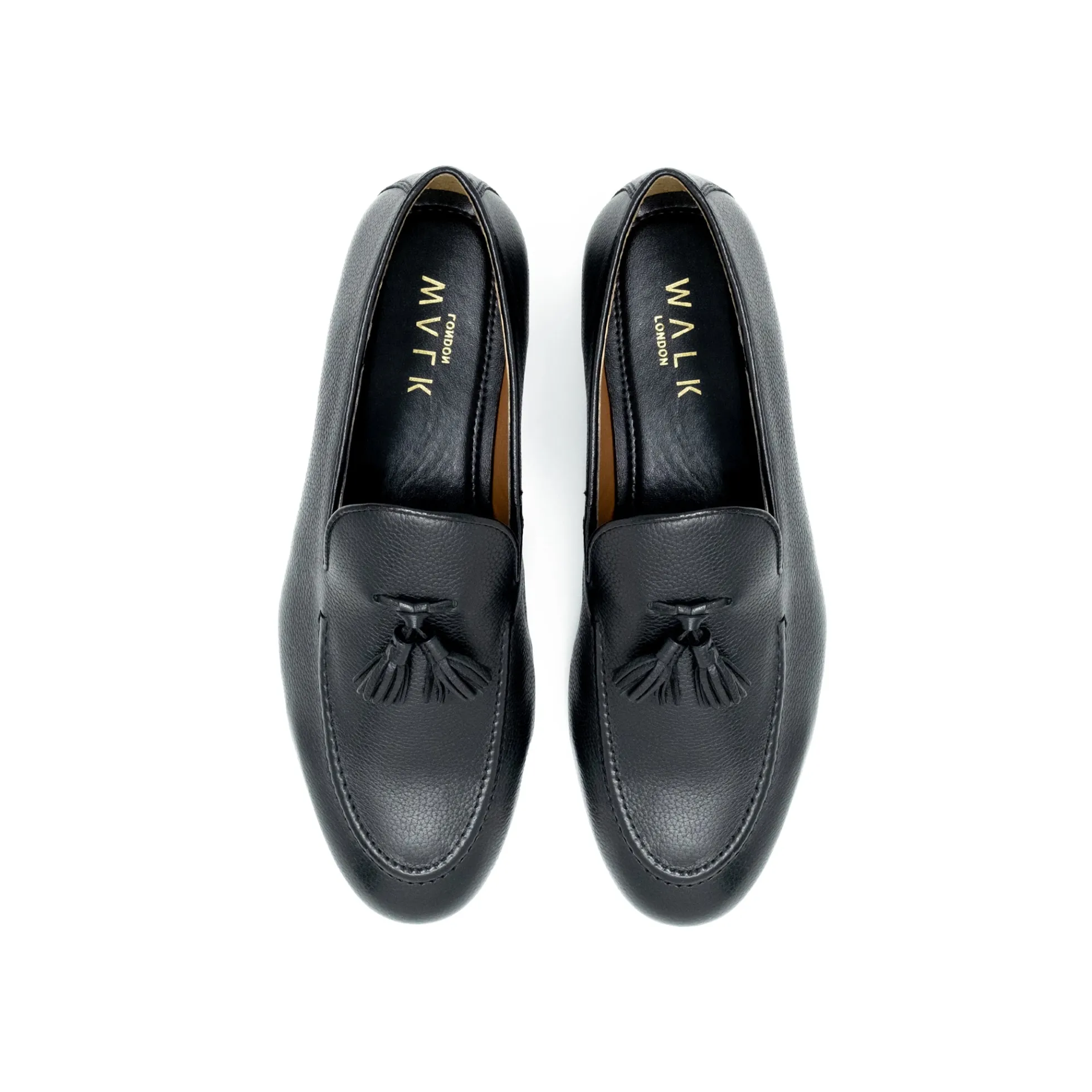 Walk London Terry Tassel Loafer Black Grain Leather New